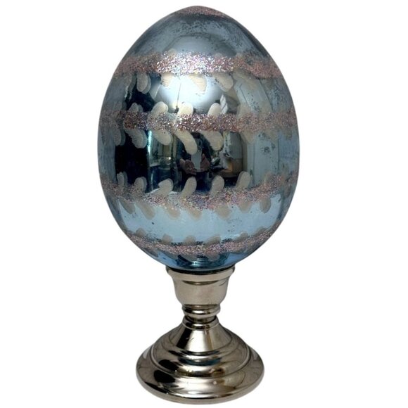 Pottery Barn Mercury Glass Egg Pedestal 8.5" high Pastel Blue Easter Decor - Picture 1 of 10